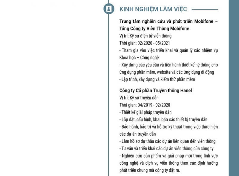 Phần kinh nghiệm làm việc trong CV xin việc bưu chính viễn thông
