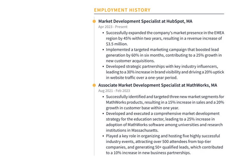 Phần kinh nghiệm làm việc trong CV xin việc phát triển thị trường