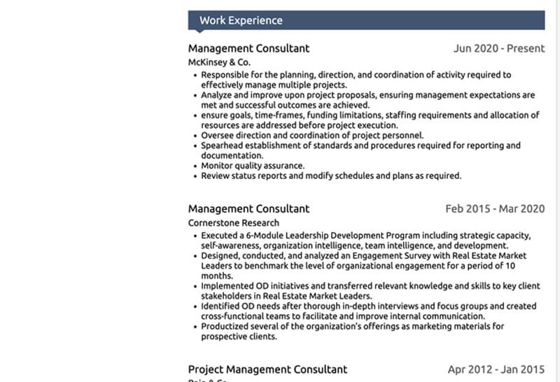 Phần kinh nghiệm làm việc trong CV xin việc tư vấn