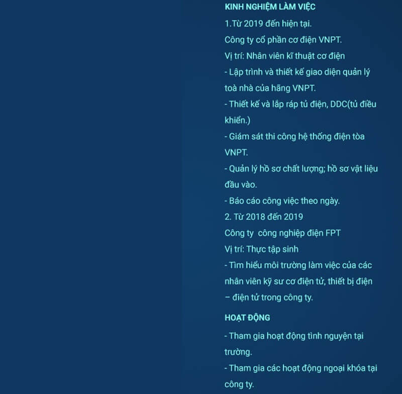 Phần kinh nghiệm làm việc trong CV điện - điện tử