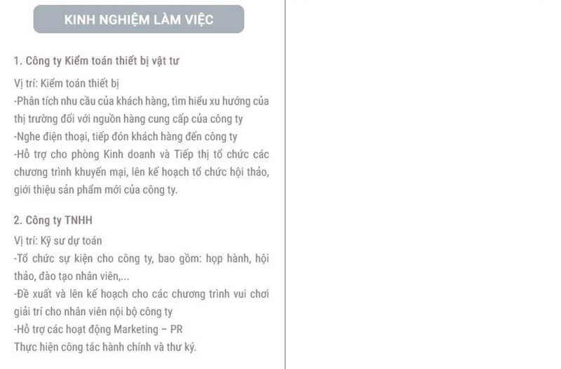 Phần kinh nghiệm làm việc trong CV thiết bị vật tư