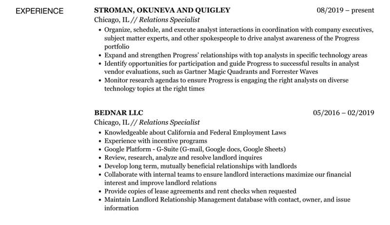 Phần kinh nghiệm làm việc trong CV quan hệ đối ngoại