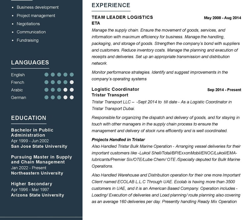 Phần kinh nghiệm làm việc trong mẫu CV Logistic