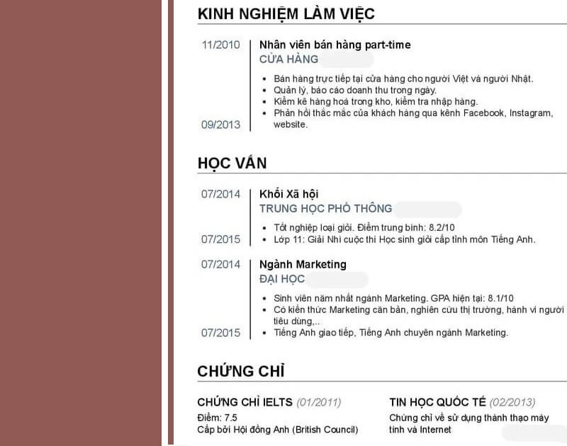 Phần kinh nghiệm làm việc trong CV xin việc Part-time