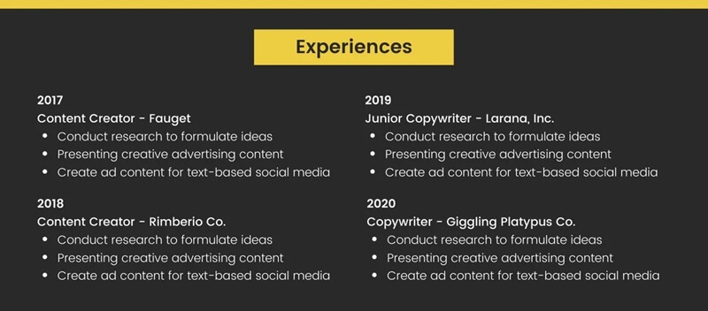 Phần kinh nghiệm làm việc trong CV xin việc Copywriter