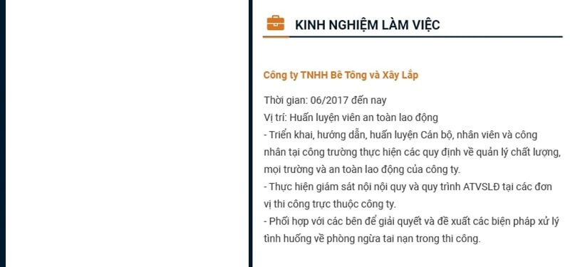 Phần kinh nghiệm làm việc trong bản CV An toàn lao động