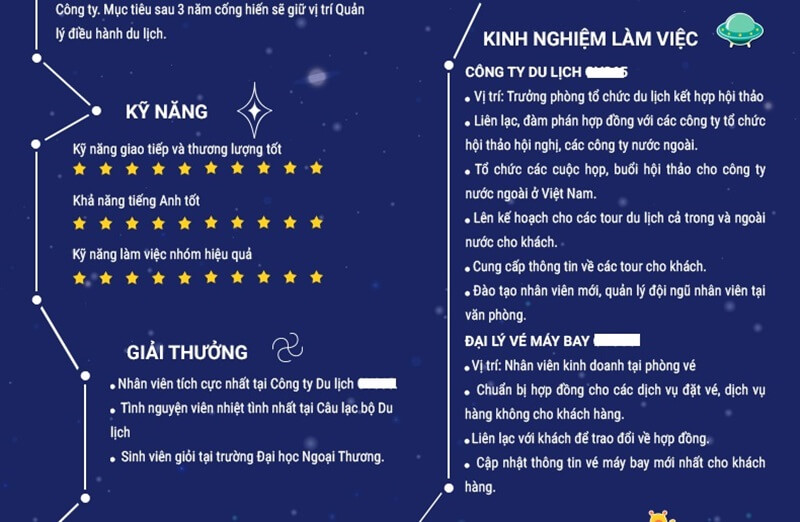 Phần kỹ năng và kinh nghiệm làm việc trong CV du lịch