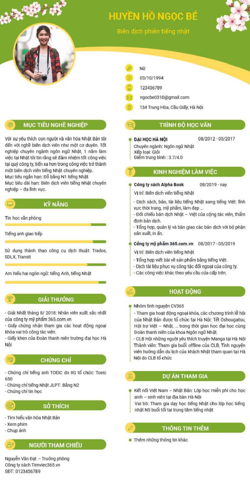 Thông tin cá nhân trong CV biên phiên dịch