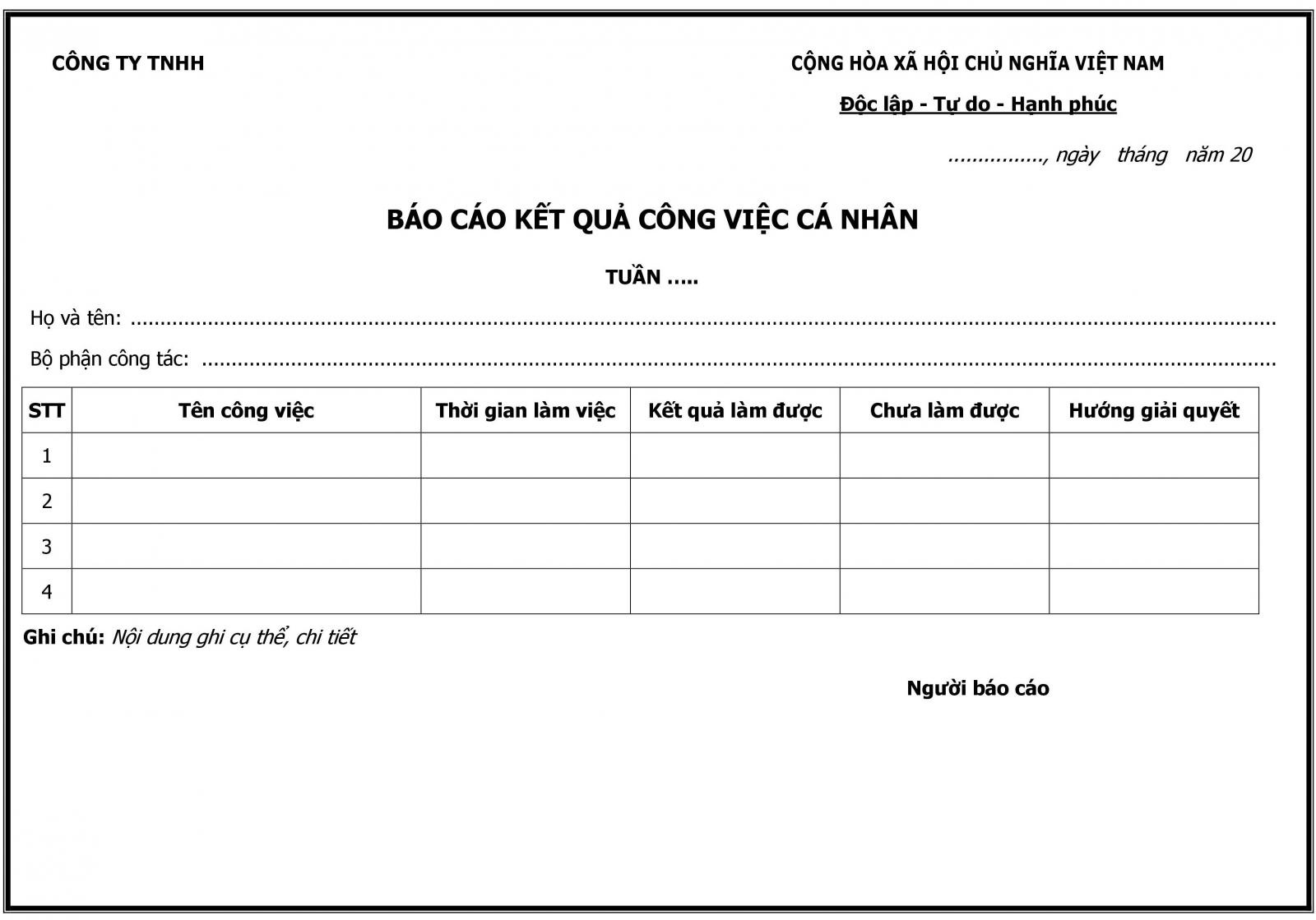 Mẫu báo cáo công việc cá nhân