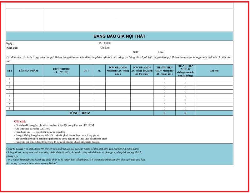 Mẫu thư báo giá