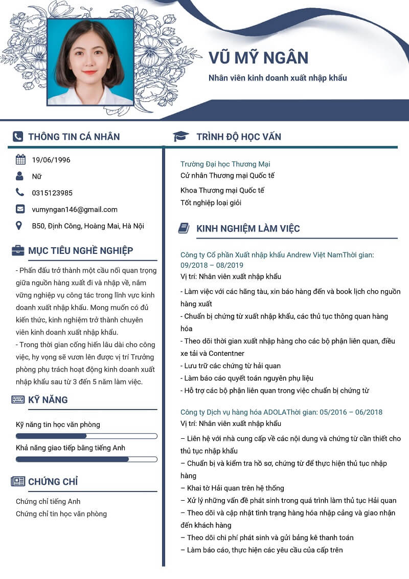 Mẫu CV nhân viên xuất nhập khẩu 1 