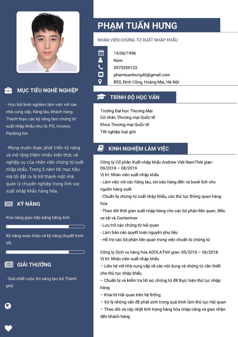 Mẫu CV nhân viên xuất nhập khẩu 2