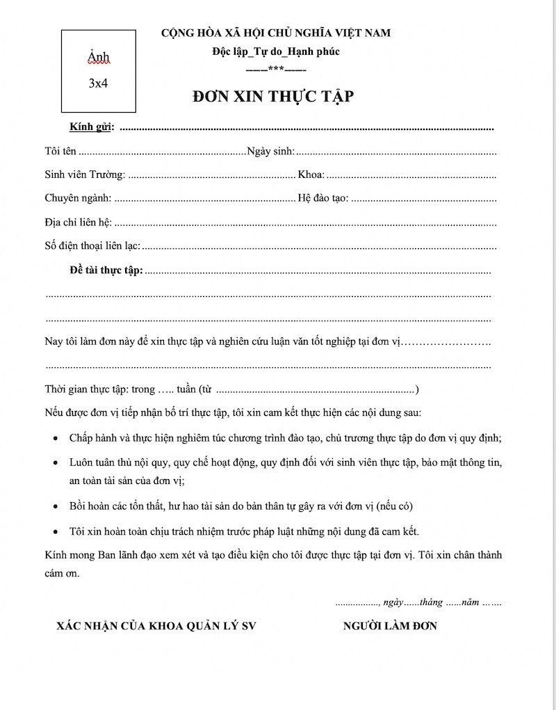 Đơn xin thực tập gửi đến cơ quan tổ chức
