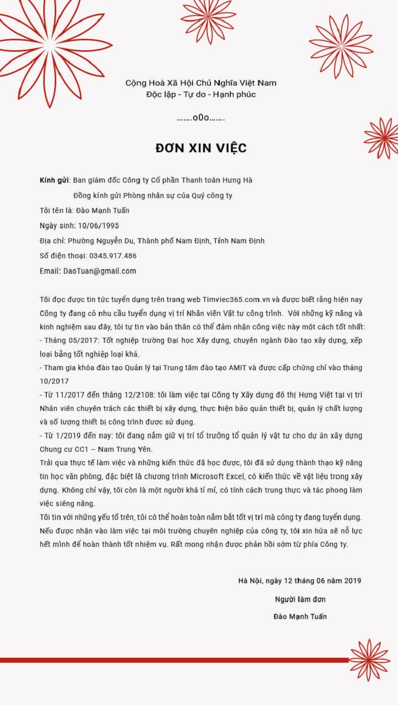 Mẫu đơn xin việc bán hàng