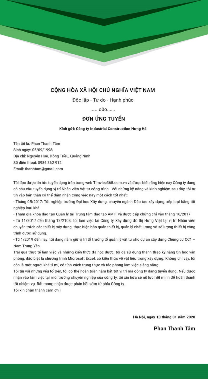 Mẫu đơn xin việc cho người có kinh nghiệm