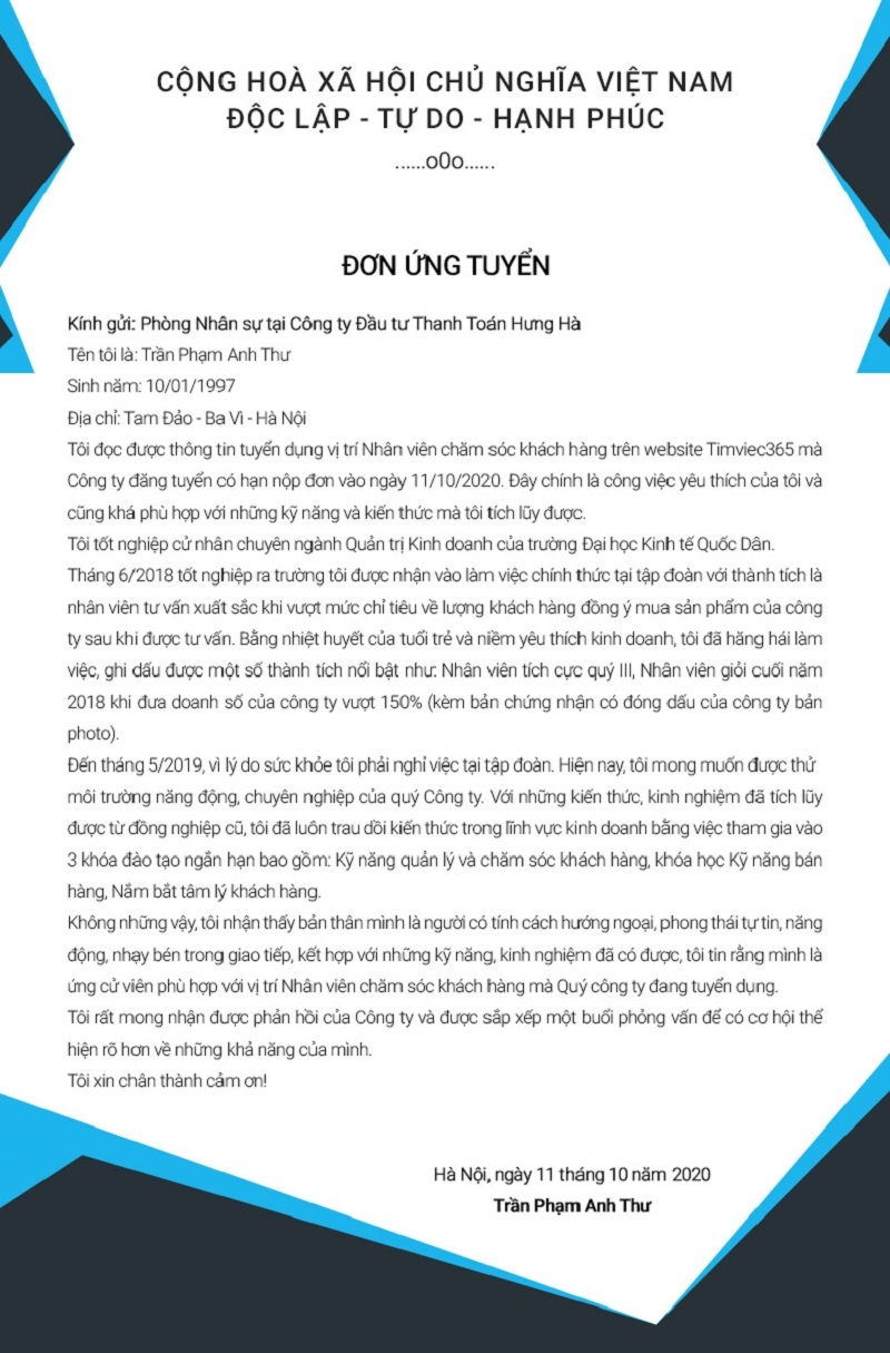 Đơn xin việc chăm sóc khách hàng