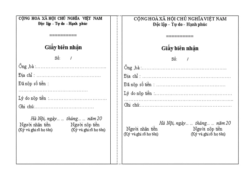 Hình thức của một mẫu giấy biên nhận tiền