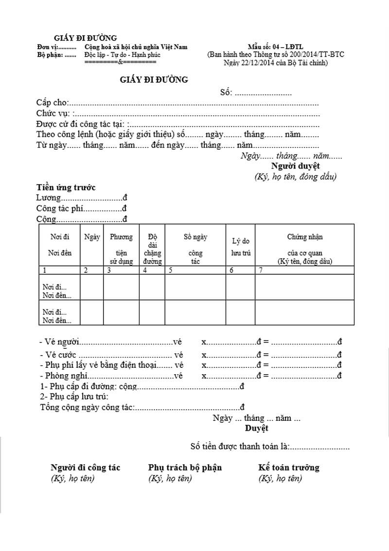 Mẫu giấy đi đường theo thông tư 200
