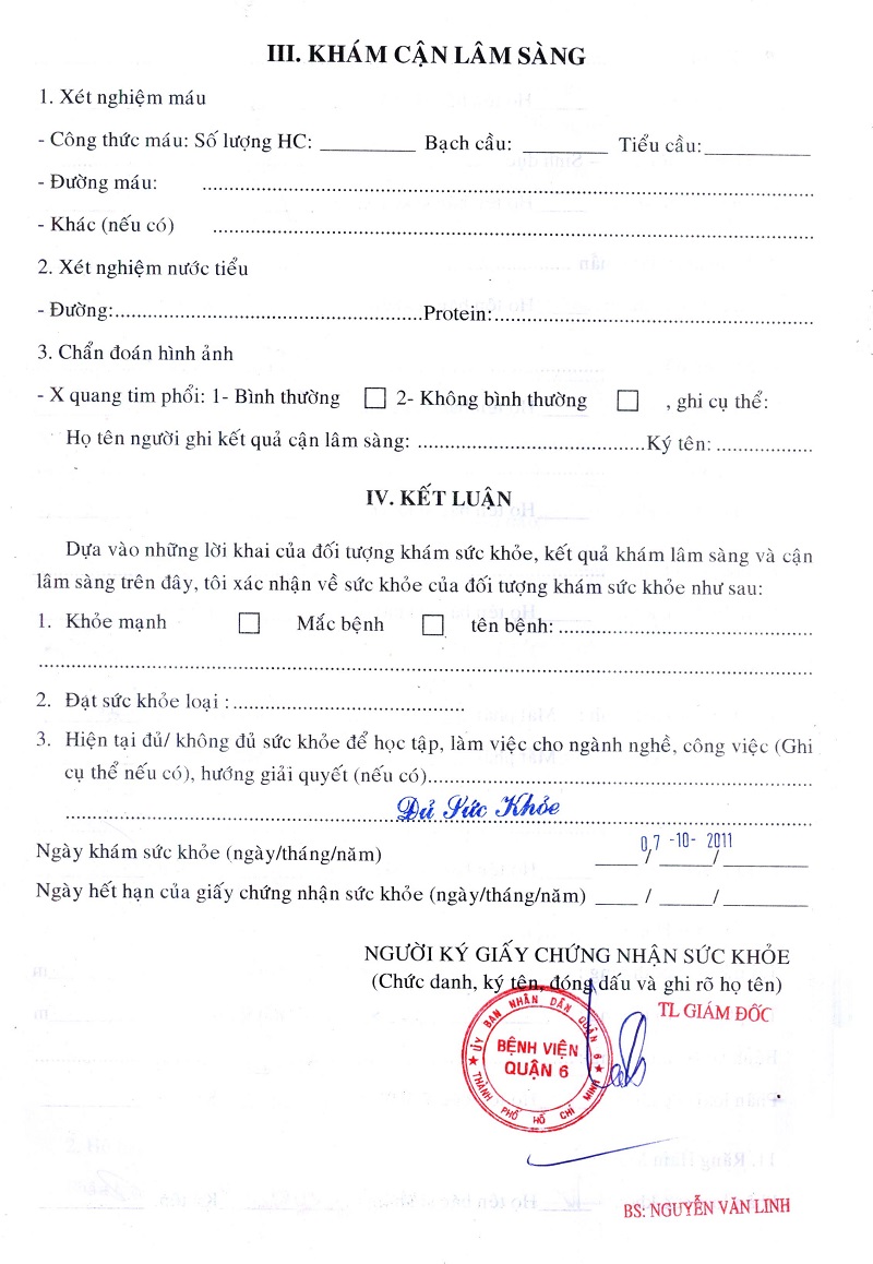 Nội dung giấy khám sức khỏe