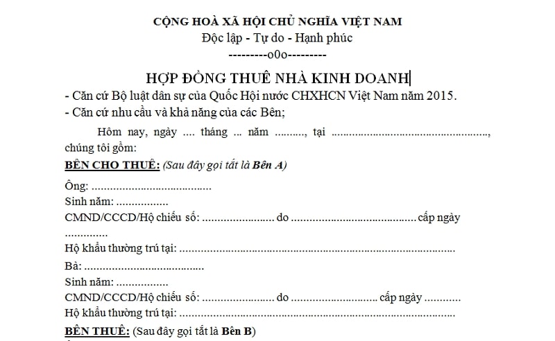 Mẫu hợp đồng thuê nhà kinh doanh chuyên nghiệp