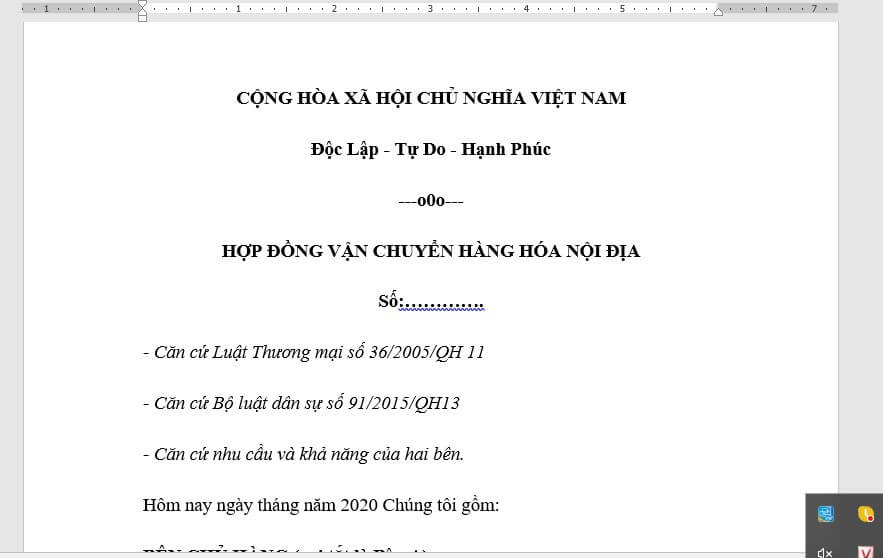 Nội dung mẫu hợp đồng vận chuyển hàng hóa