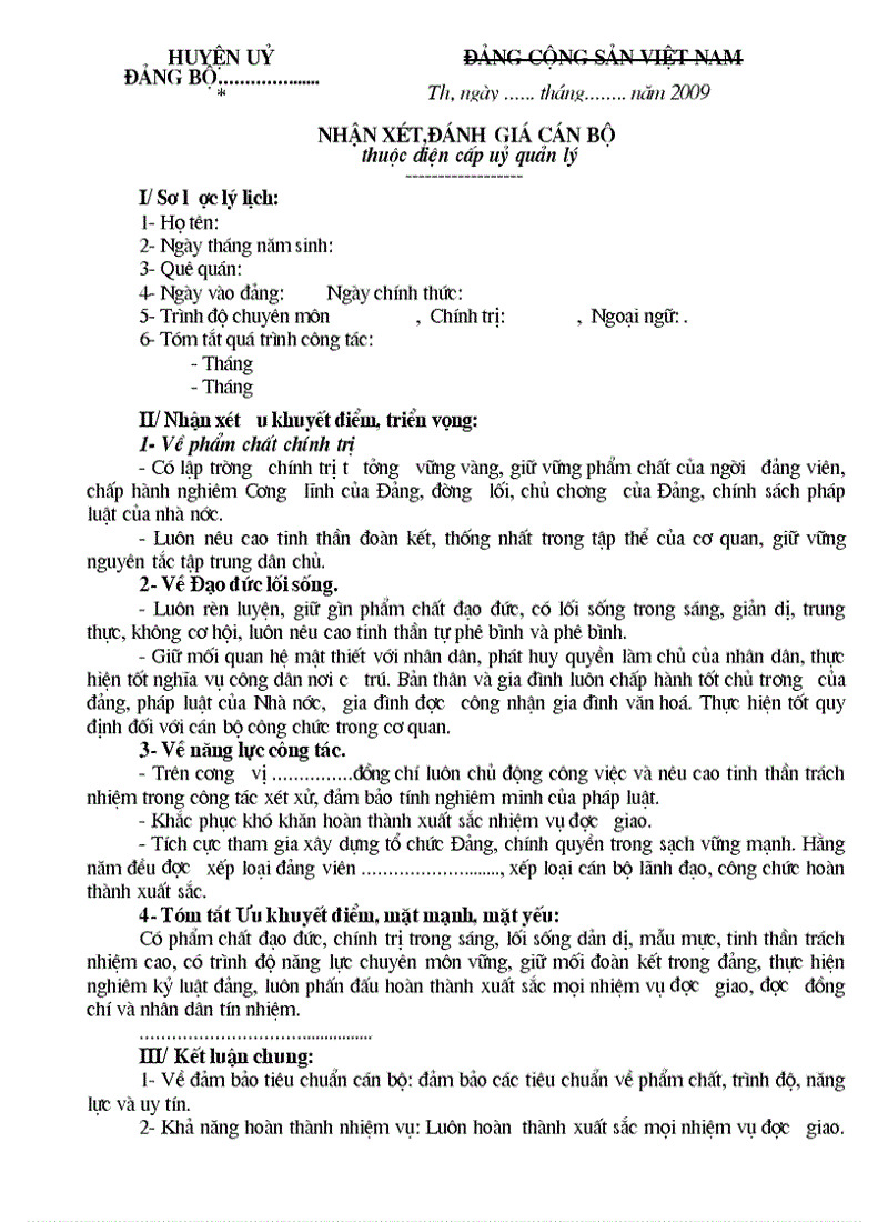 Mấu đánh giá nhận xét cán bộ