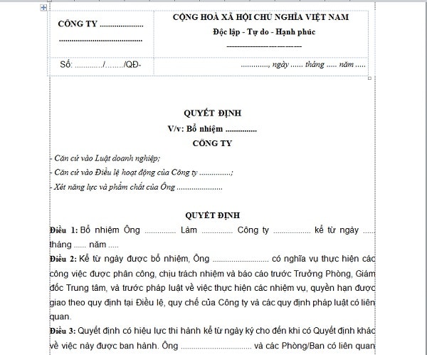 Mẫu quyết định bổ nhiệm trưởng phòng