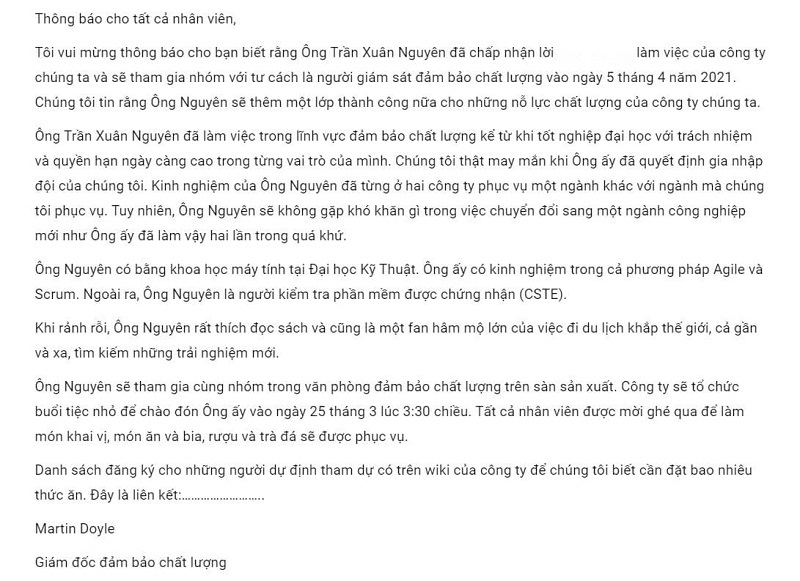 Nội dung mẫu thư giới thiệu nhân sự mới