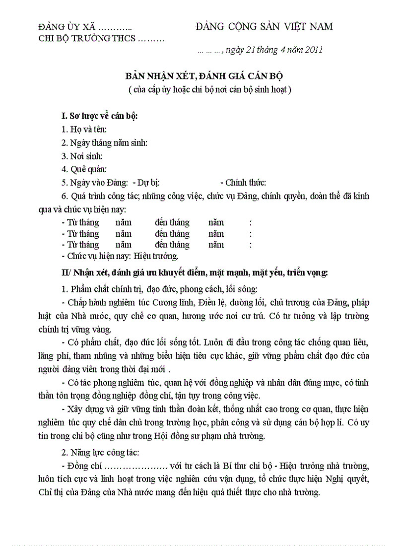 mấu đánh giá nhận xét cán bộ mẫu 2