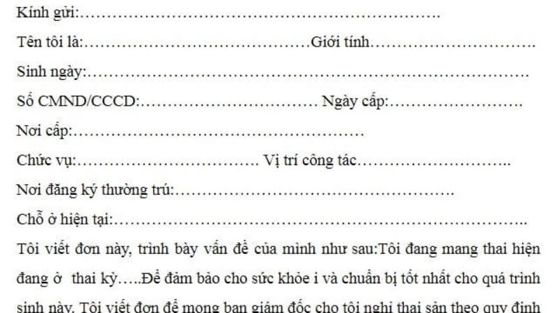 Nội dung cơ bản trong mẫu đơn xin nghỉ thai sản 2020