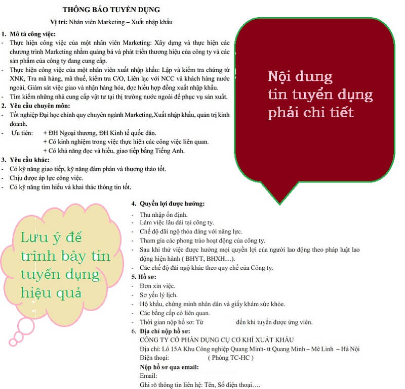 Nội dung tin tuyển dụng chi tiết, đầy đủ thông tin