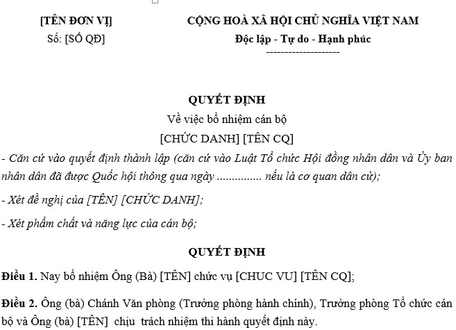  Mẫu quyết định bổ nhiệm cán bộ
