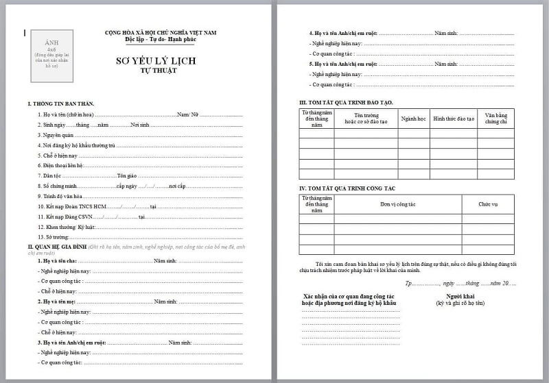 Sơ yếu lý lịch có dán ảnh
