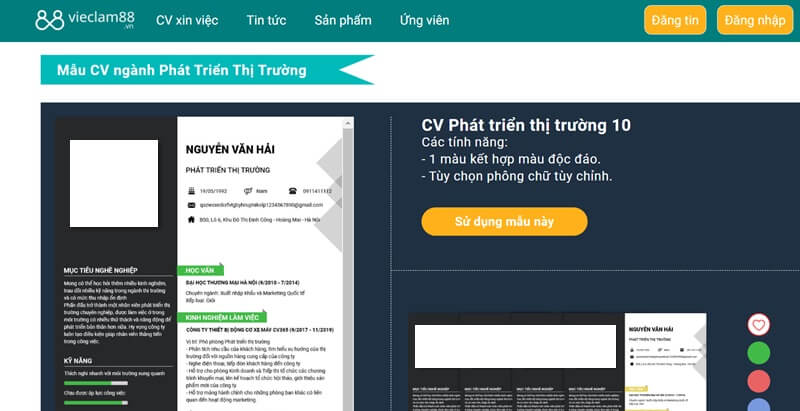 Tạo và tải CV xin việc phát triển thị trường với Topcvai