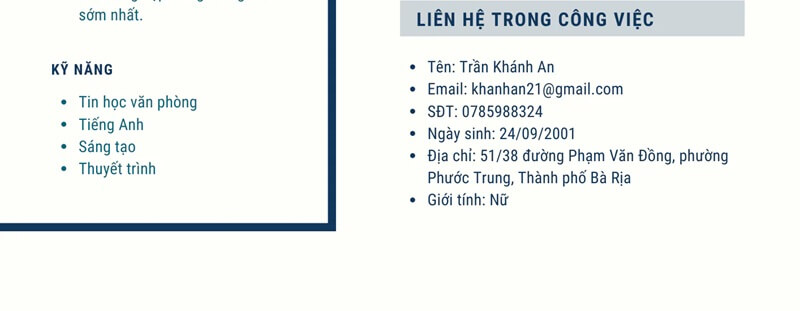 Phần thông tin cá nhân trong CV ngân hàng tài chính
