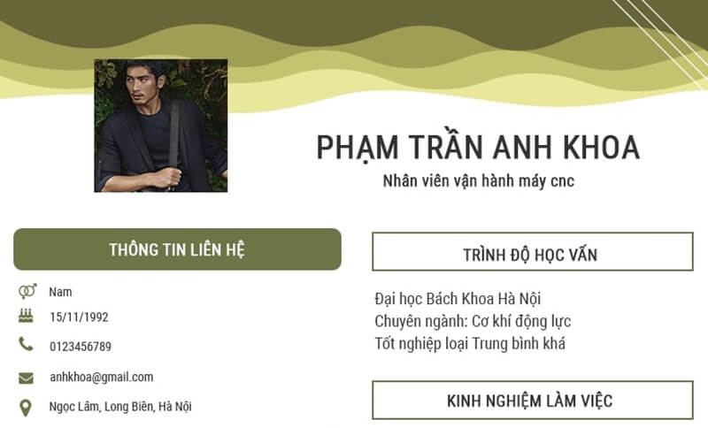 Phần thông tin cá nhân trong CV vận hành sản xuất