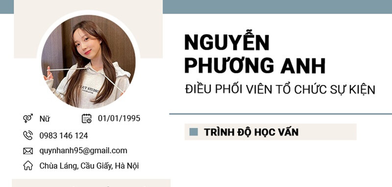 Phần thông tin cá nhân trong bản CV Tổ chức sự kiện