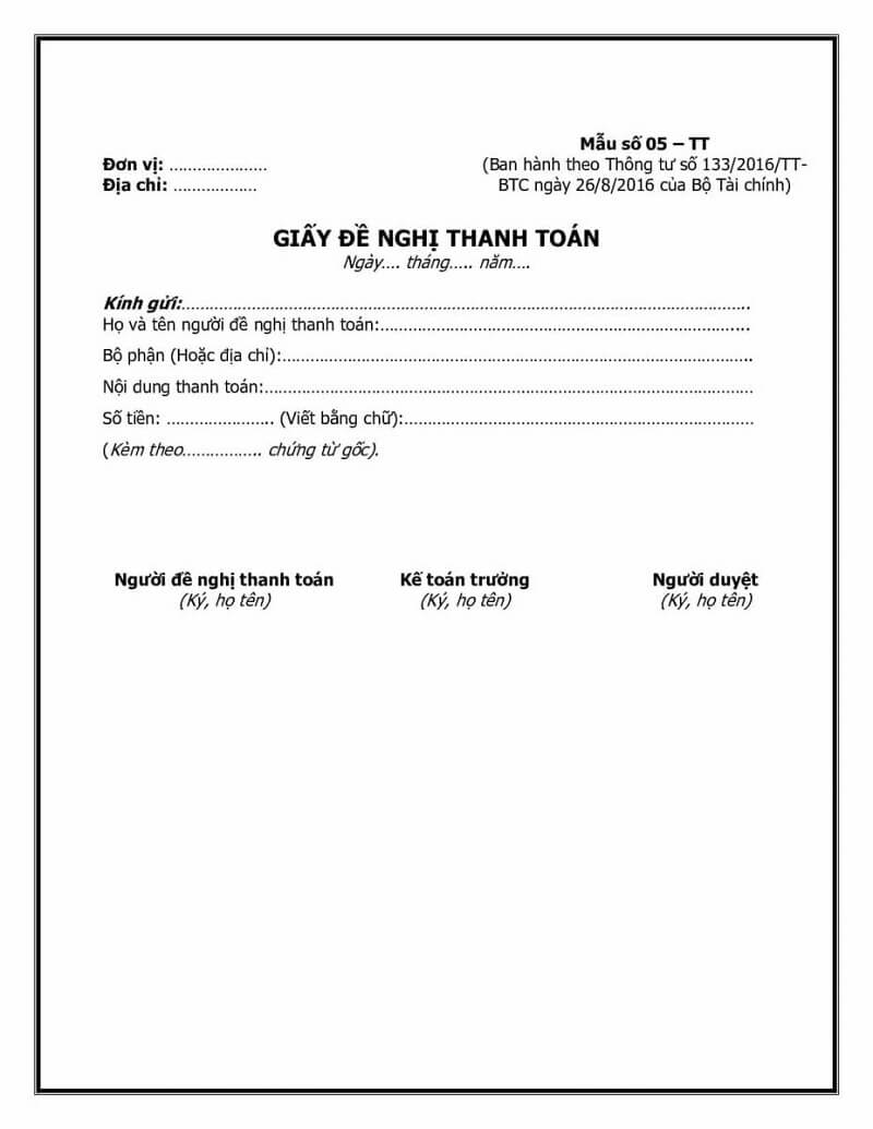 Mẫu giấy đề nghị thanh toán theo thông tư 133