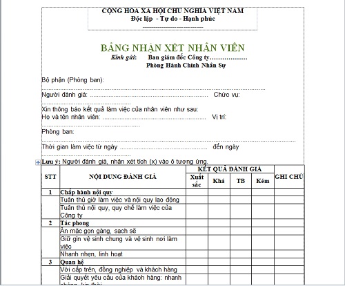 Tiêu chí đánh giá nhân viên xuất sắc