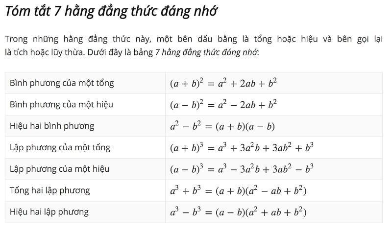 Ghi nhớ 7 hằng đẳng thức đáng nhớ lớp 8 kèm ví dụ minh họa